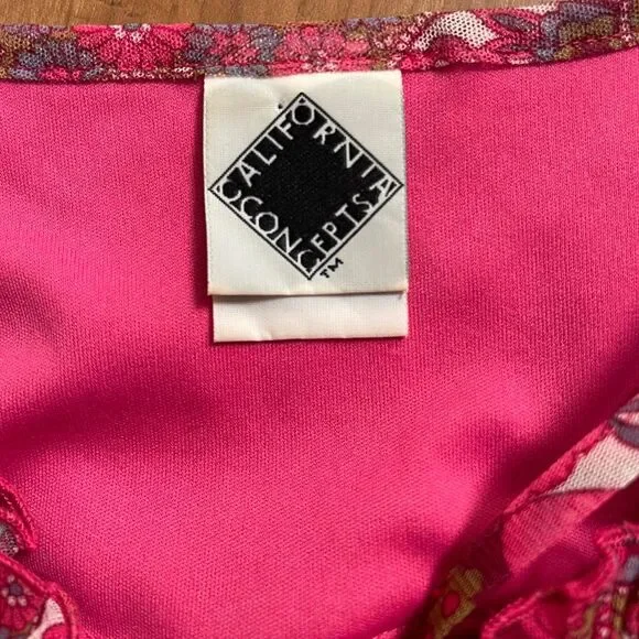 Vintage 90s California Concepts Pink Paisley Mesh Overlay Milkmaid Dress Size M - Picture 7 of 8